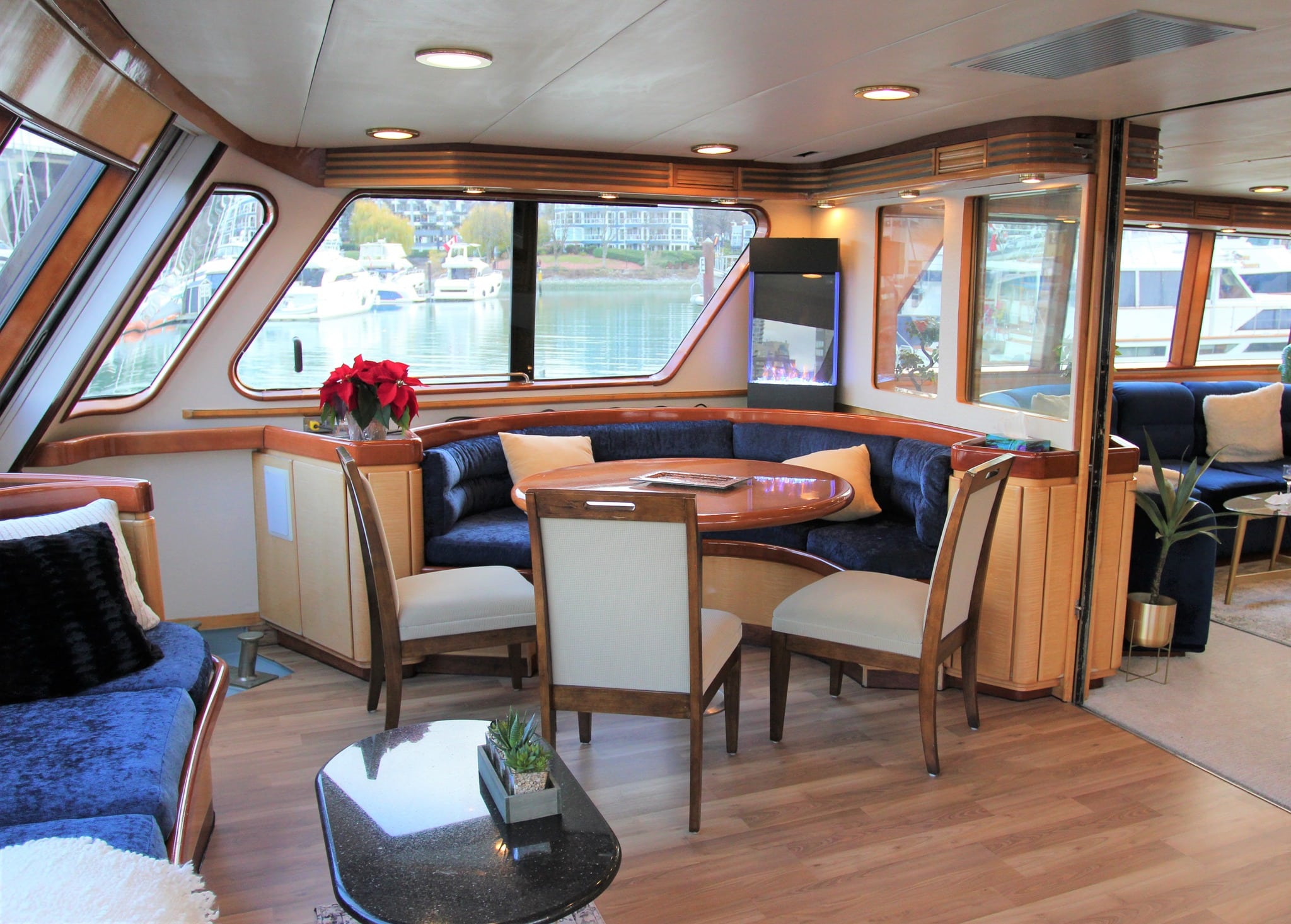 Cozy dining area on a luxury superyacht in BC's PNW.