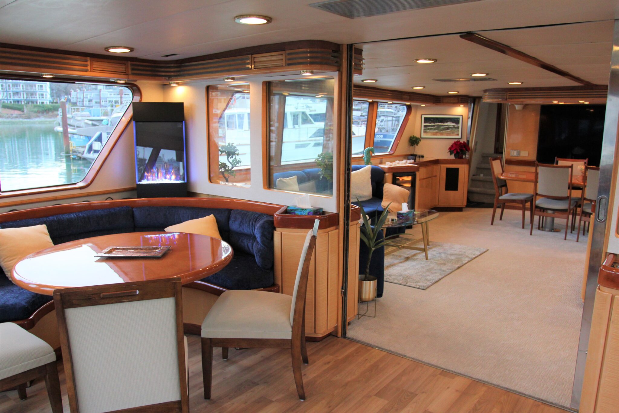 Multiple dining areas and seating on All of Me, a luxury superyacht in Vancouver and BC's Pacific Northwest.